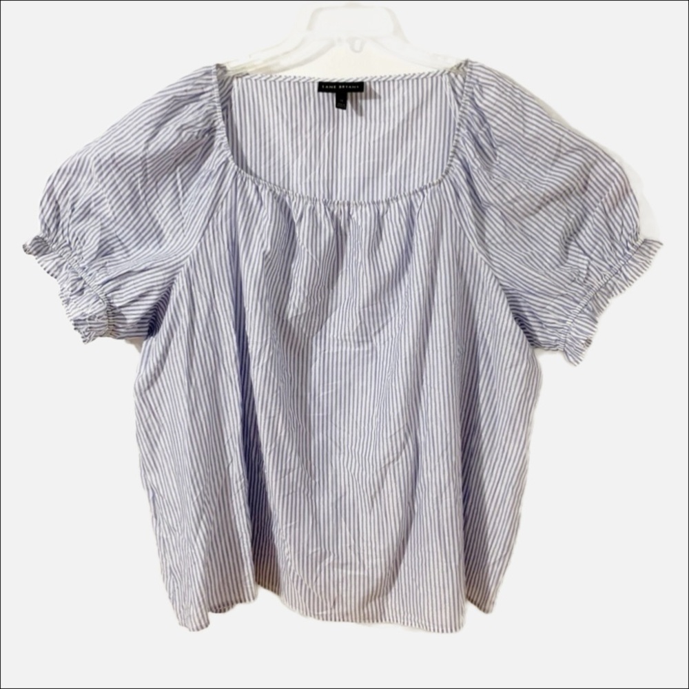 Lane Bryant Striped Short Puffed Sleeve Blouse Metallic Stripes Scoop Neck 💙🤍